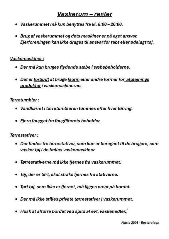Vaskerum Regler